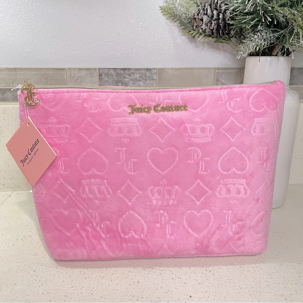 NEW Juicy Couture Pink Velour Debossed Logo Makeup Bag Cosmetic Pouch